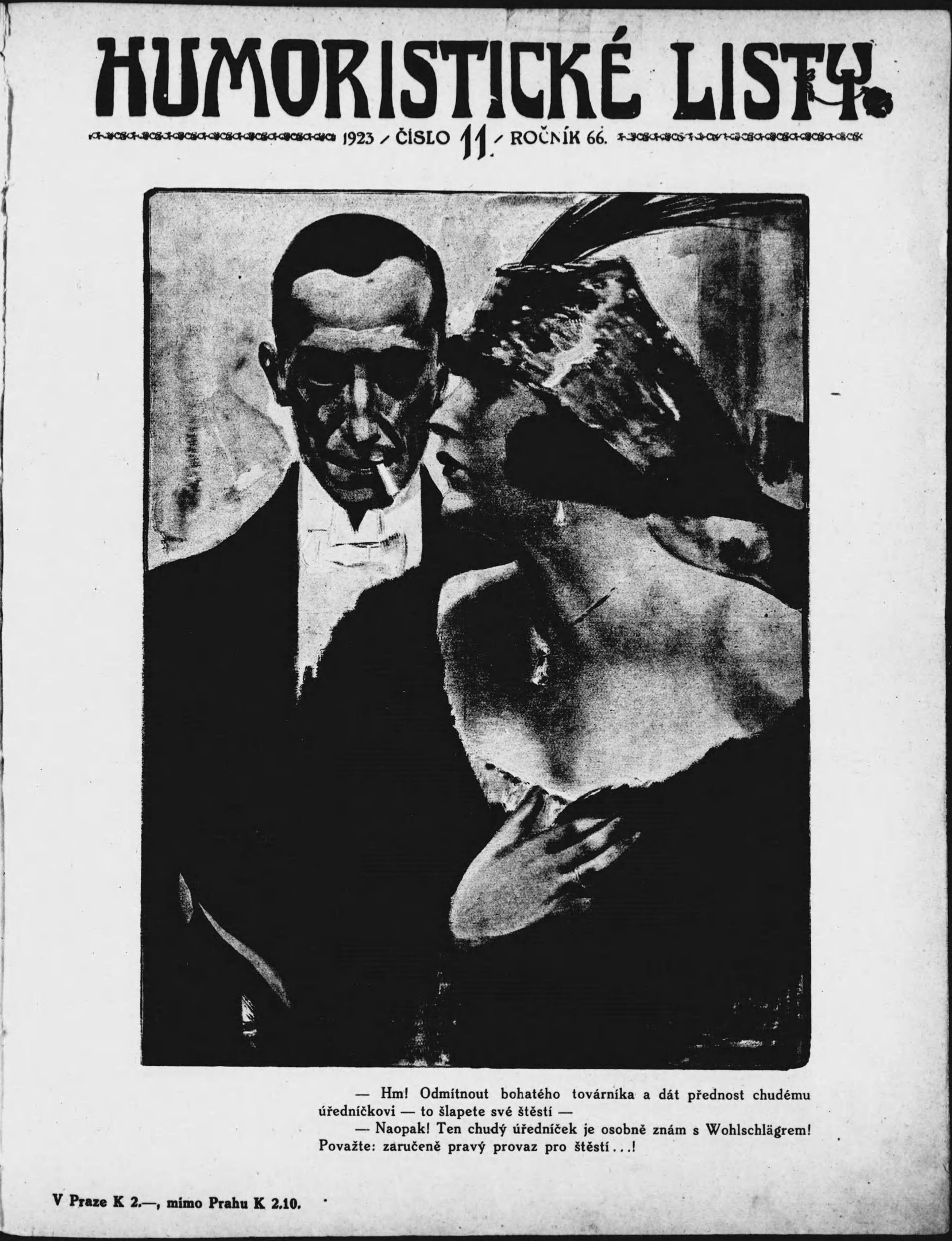 Schwarz-weißes Magazin-Cover mit der Überschrift 'Humoristische Liste', das einen Mann in einem Anzug mit ernster Miene und eine Frau zeigt, die mit einem leichten Grinsen wegsieht.