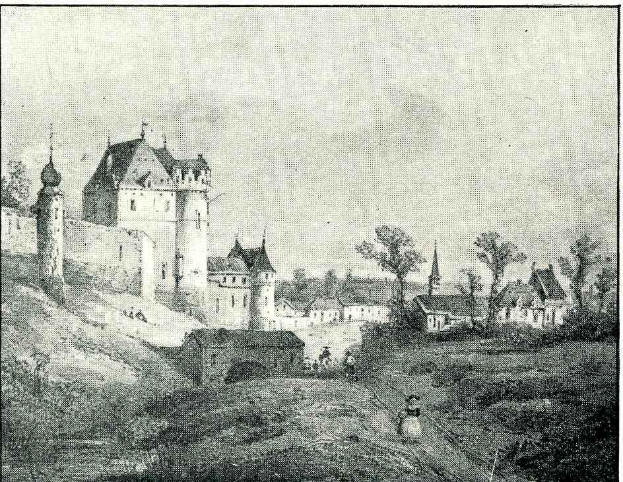 Eine Schwarz-Weiß-Zeichnung eines Schlosses in einem Feld, umgeben von Bäumen und Häusern, mit dem Text "Bayerisches Schloss in Deutschland" unten.