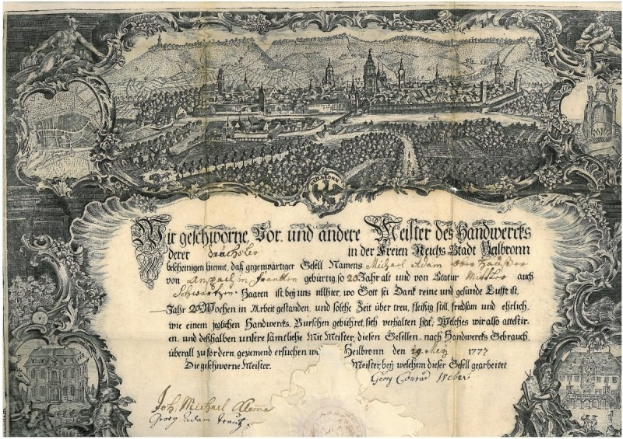 Eine alte deutsche Banknote mit einer Stadtansicht, Text und zusätzlichen Bildern, die einen klassischen und zeitlosen Look vermittelt.