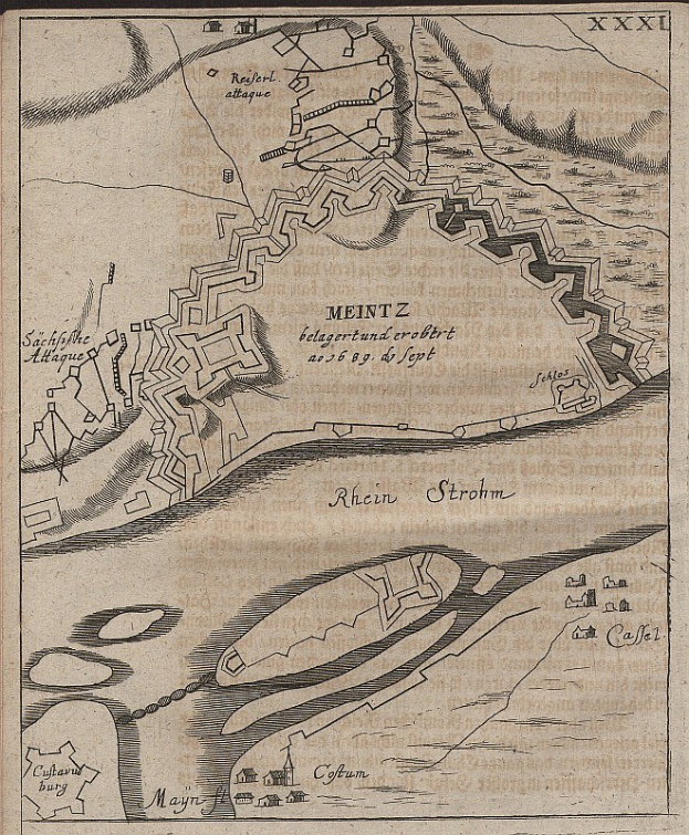 Alte detaillierte Karte von Meintz, Deutschland, zeigt Straßen, Gebäude, Sehenswürdigkeiten und beschreibenden Text über die Bevölkerung, Lage und Geschichte der Stadt.
