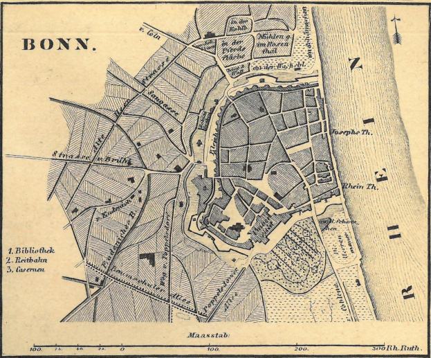 Alte detaillierte Karte von Bonn, Deutschland, die Straßen, Gebäude und Sehenswürdigkeiten zeigt.