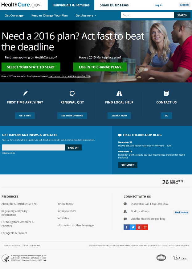 Health Care Gov-Webseite mit einer Gruppe von Menschen, die um einen Tisch sitzen und Gläser und andere Gegenstände haben, mit dem Titel und informativem Text der Website.