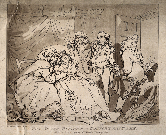 Eine handgezeichnete Skizze auf Papier zeigt einen Mann und eine Frau auf einem Sofa sitzend, mit einem Vorhang und einer Tür im Hintergrund und dem Text "Der sterbende Patient des Arztes letzte Gebühr" unten.