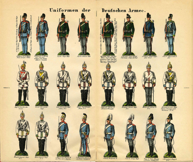 Ein Buch, das bunte Militäruniformen der deutschen Armee zeigt, mit detaillierten Elementen wie Helmen und Gewehren, begleitet von beschreibendem Text.
