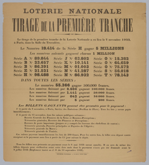 Lotterielos mit Text "Loterie Nationale Tirage de la Première Tranche".