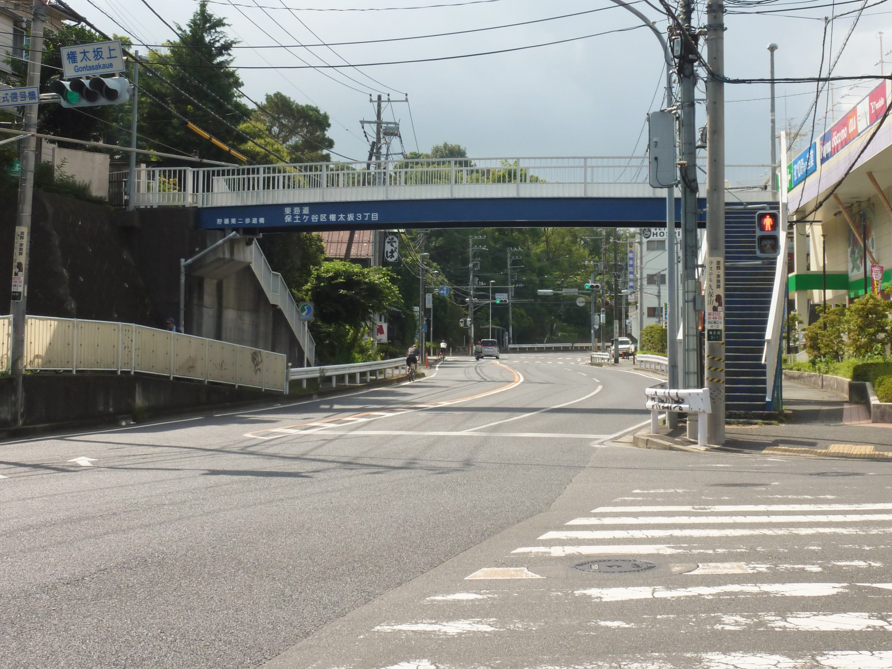 Stadtstraße mit einer Fußgängerbrücke darüber, Fahrzeuge auf der Straße, Strommasten mit Drähten, Verkehrsampeln, Schilder, Gebäude mit Fenstern, Bäume, Pflanzen und einen Himmel als Hintergrund.