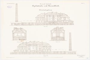 Eine Zeichnung eines mehrfenstrigen Gebäudes mit einem Schornstein, das mutmaßlich ein Psychiatriekrankenhaus in Deutschland ist, begleitet von beschreibendem Text.