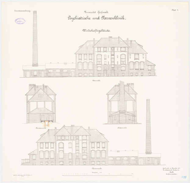 Eine Zeichnung eines mehrfenstrigen Gebäudes mit einem Schornstein, das mutmaßlich ein Psychiatriekrankenhaus in Deutschland ist, begleitet von beschreibendem Text.