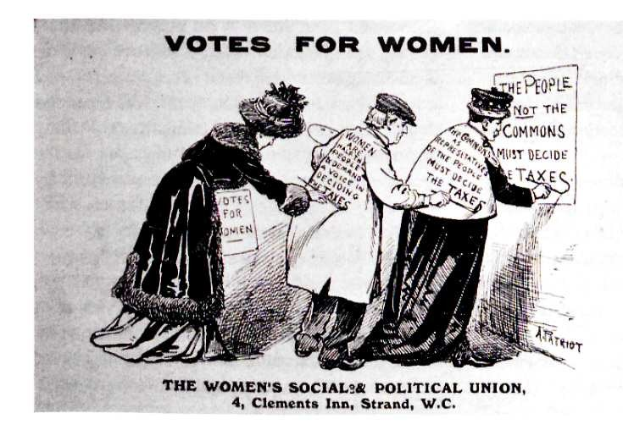 Cartoon von drei entschlossenen Frauen in traditioneller Kleidung mit einem "Votes for Women: The Women's Social & Political Union"-Schild vor einem hellblauen Himmel.