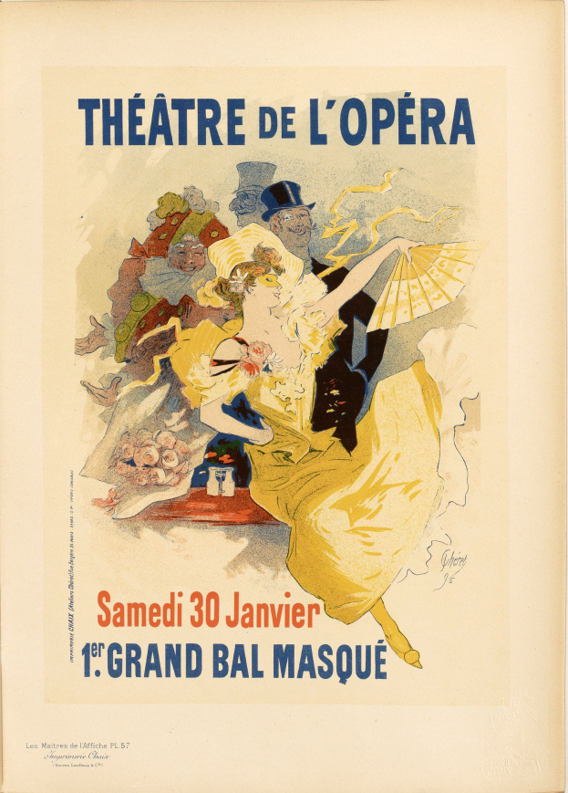 Plakat für das Théâtre de l'Opéra in Paris, Frankreich, das eine Frau in einem weißen Kleid mit einem blauen Schultertuch zeigt, deren Haar zu einem Knoten gebunden ist, vor einem tiefblauen Hintergrund mit Sternen und schwarzer Schrift, die 'Theater der Oper' lautet.