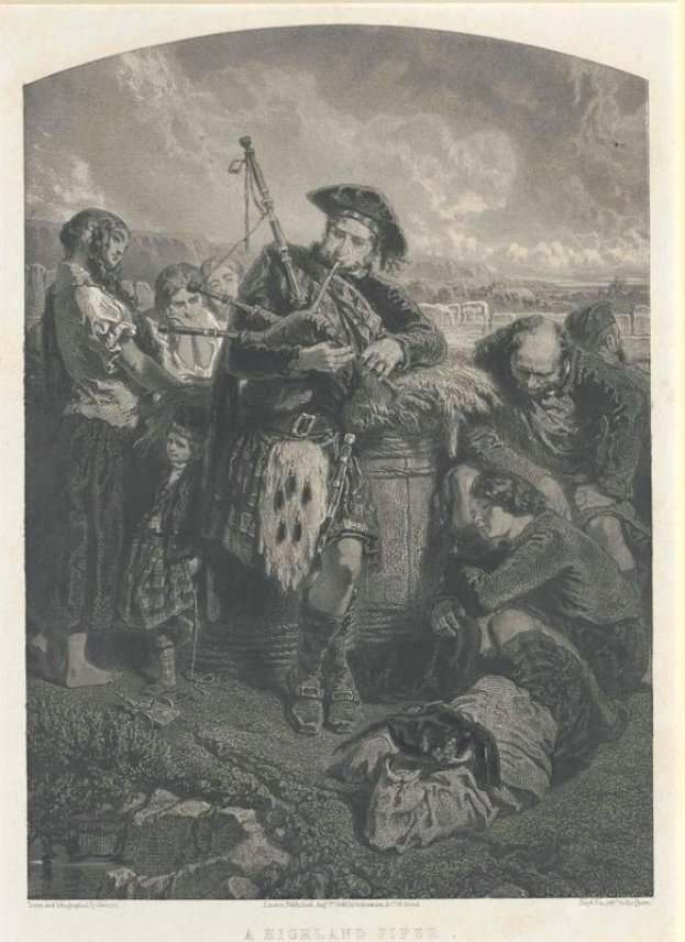 Schwarz-weißes Gravurbild eines Mannes, der vor einem Publikum eine Dudelsackpfeife spielt, unter einem bewölkten Himmel, mit der Inschrift "Ein Highland-Pfeifen" unten.