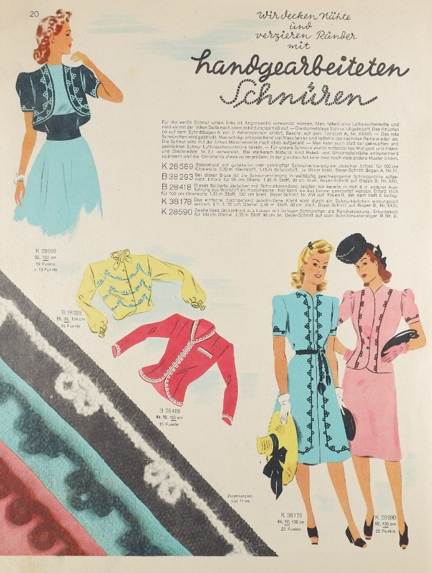 Anzeige für ein Modejournal der 1950er Jahre mit einer Frau in einem Kleid und Hut, mit Bildern und Texten, die die Mode der 1950er Jahre beschreiben.