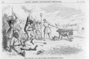 Ein Schwarz-Weiß-Cartoon von Männern in einem Feld, einige halten Gewehre und andere liegen auf dem Boden, mit dem Text "Dunkle Artillerie oder Wie man die Kontrabande nutzbar macht" oben und unten.