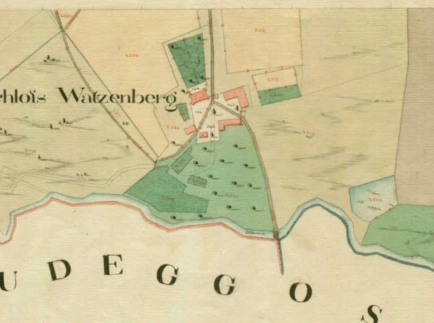 Detailiertes altes Stadtplan von Ludego, Deutschland, mit Straßen, Gebäuden und Sehenswürdigkeiten sowie Texten zu Bevölkerung, Geschichte und Kultur.