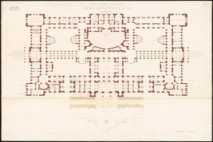 Ein detaillierter Grundrissplan des Reichstags in Berlin, Deutschland, der den kreisförmigen Aufbau zeigt, einschließlich der Räume, Flure, Fenster und Türen, mit begleitendem Text, der zusätzliche Informationen bereitstellt.