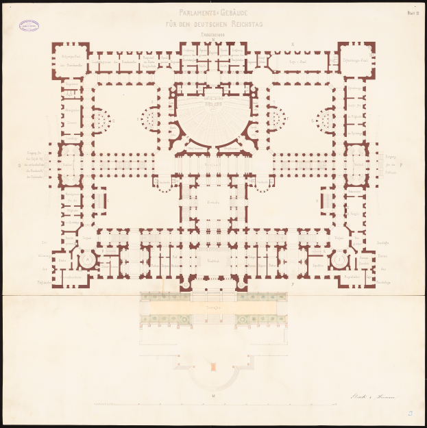 Ein detaillierter Grundrissplan des Reichstags in Berlin, Deutschland, der den kreisförmigen Aufbau zeigt, einschließlich der Räume, Flure, Fenster und Türen, mit begleitendem Text, der zusätzliche Informationen bereitstellt.