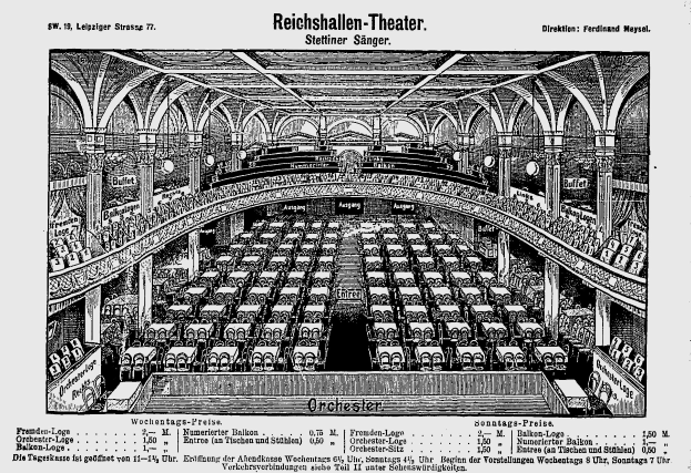 Schwarzes und weißes Architekturzeichnung des Reichshallen Theaters in Berlin, das das Auditorium mit Sitzreihen, Säulen und Decken Details zeigt, einschließlich Text am Boden.