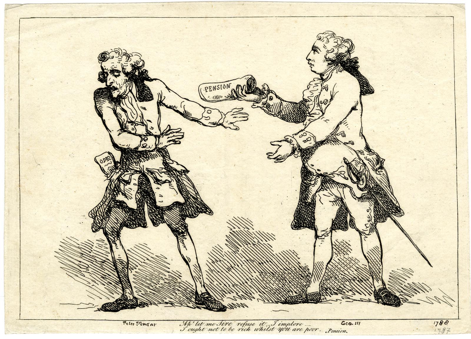 Zwei Cartoon-Männer in Renaissance-Kleidung, einer hält ein Papier mit dem Wort "Pension" unten sichtbar.