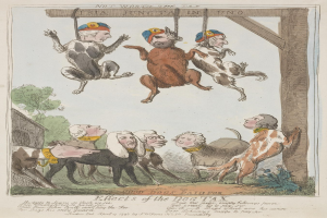 Ein Bild auf Papier, das Menschen und Tiere, darunter einen Hund, zeigt, der an einem hölzernen Pfahl hängt, mit begleitendem Text, der wahrscheinlich über eine Hundesteuer handelt.