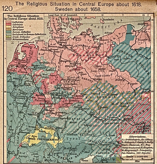 Eine historische Landkarte von Mitteleuropa aus dem Jahr 1618, die das religiöse Landschaftsbild der Region zeigt, begleitet von erklärendem Text.