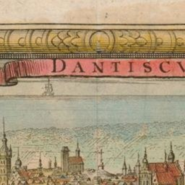 Altes Buch mit einer illustrierten Stadtansicht, die Geb├Ąude und ein Banner mit beschreibendem Text zeigt.