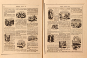 Offenes Buch mit verschiedenen Landschaftsaufnahmen (Berge, Flüsse, Wälder) und begleitendem Text auf seinen Seiten.