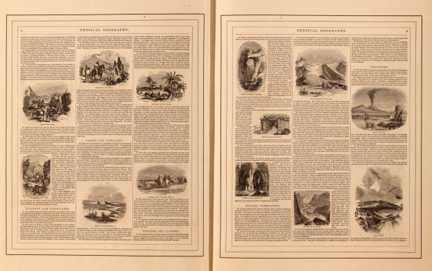 Offenes Buch mit verschiedenen Landschaftsaufnahmen (Berge, Flüsse, Wälder) und begleitendem Text auf seinen Seiten.