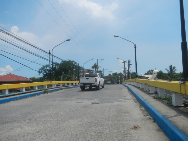 Ein Lkw fährt über eine Brücke mit gelben Geländern, Laternenmasten, Strommasten mit Kabeln, Bäumen, Gebäuden und einem bewölkten Himmel im Hintergrund.