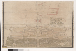 Ein detaillierter Stadtplan mit zahlreichen Gebäuden, darunter ein prägnantes Zentralgebäude und begleitendem Text.