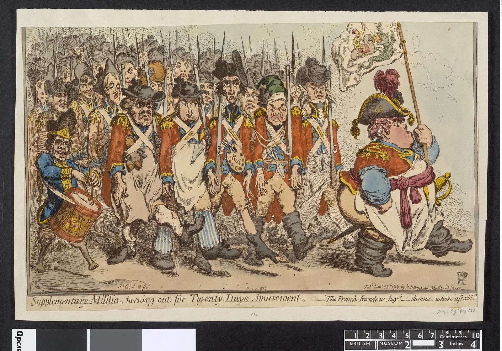 Gruppe von Männern in Militäruniformen marschiert auf einer Straße, einer hält einen Stock in der Hand, mit Text "Zusätzliche Miliz, Ausmarsch für zwanzig-tägiges Vergnügen" unten.