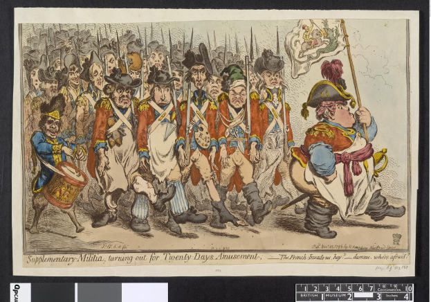 Gruppe von Männern in Militäruniformen marschiert auf einer Straße, einer hält einen Stock in der Hand, mit Text "Zusätzliche Miliz, Ausmarsch für zwanzig-tägiges Vergnügen" unten.