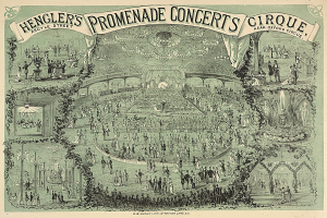 Ein altes Buch mit einer Zeichnung einer vielseitigen Menge bei einem Zirkus, mit einem Konzertplakat mit Text und Zahlen.