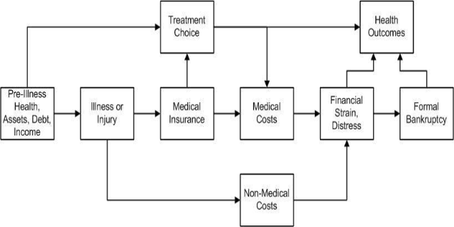 Ein Flussdiagramm, das die Arten von medizinischen Kosten darstellt, die mit Vorerkrankung, Gesundheit und Gesundheit verbunden sind, mit Kästchen, die 'Vorerkrankung', 'Gesundheit', 'Versicherung' und 'Kosten' beschriften und durch Pfeile verbunden sind und weiter in Unterabschnitte unterteilt sind.