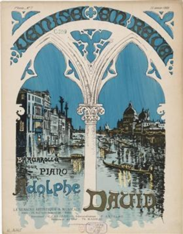 Plakatankündigung eines Klavierkonzerts in Venedig, Italien, mit einem Bild von Gebäuden, Wasser und einer Säule mit Text.