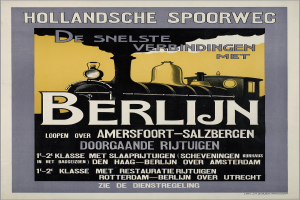 Ein Plakat, das eine Bahnfahrt in Berlin, Deutschland, ankündigt und ein Bild der Bahn mit Text darauf zeigt.