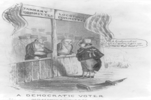 Ein Mann im Anzug steht selbstbewusst vor einer Tür mit der Aufschrift "Ein demokratischer Wähler" und ist bereit, den Wahlprozess in Angriff zu nehmen.