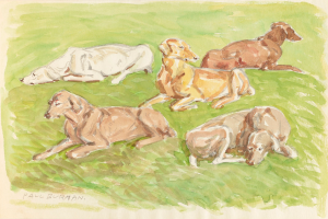 Ein realistisch gemaltes Bild von mehreren Dackeln, die auf einem leuchtend grünen Feld unter einem sonnigen Himmel liegen und eine friedliche Atmosphäre schaffen.