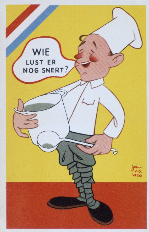 Ein Cartoon-Koch in weißer Uniform und Mütze, der fröhlich in einer Küche mit Herd und Spüle steht und eine Schüssel und einen Löffel hält.
