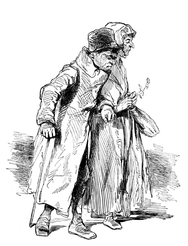 Schwarz-weißes Foto eines alten Mannes mit Hut und einer Frau, die zusammen gehen, wobei die Frau ein Objekt in der Hand hölt.