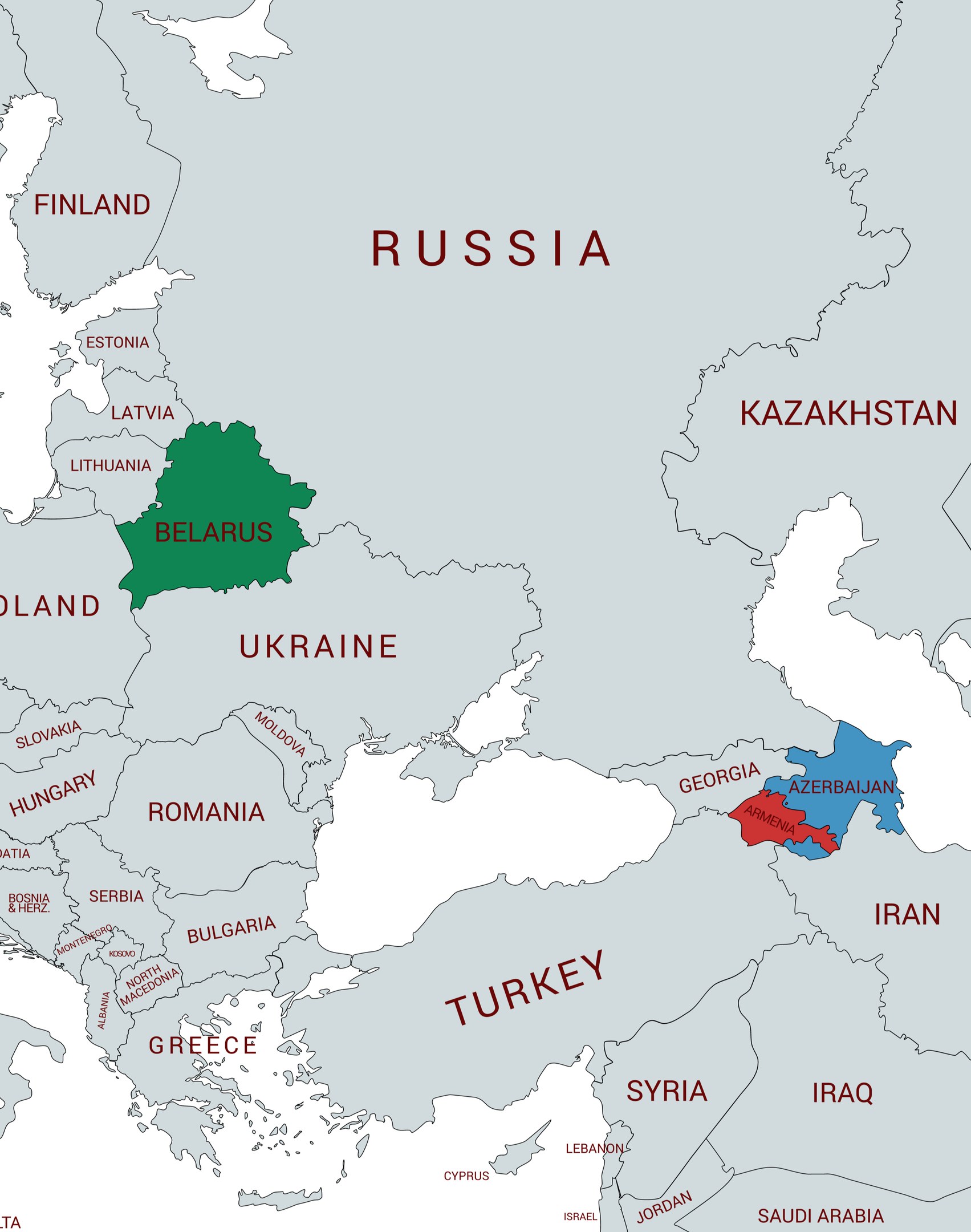 Eine Europakarte, die die Provinzen Belarus und Aserbaidschan in verschiedenen Farben hervorhebt, mit zusätzlichen Textdetails über die beiden Länder.