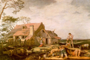 Ein Gemälde mit dem Titel 'Die Farmerin' von Jan Brueghel dem Älteren zeigt einen Mann und eine Frau vor einem Reetdachhaus, umgeben von Tieren, einem Wagen, einem hölzernen Zaun, Bäumen und einem bewölkten Himmel.
