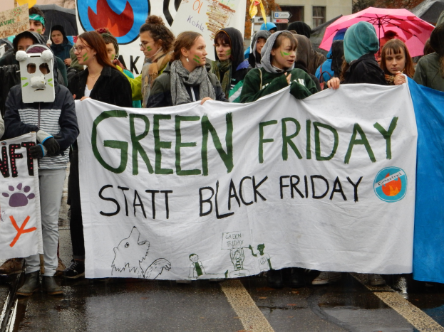 Gruppe von Menschen auf einer Straße mit einem "Green Friday statt Black Friday"-Schild und Schirmen, mit Gebäuden, Bäumen, Polen und einem klaren blauen Himmel im Hintergrund.