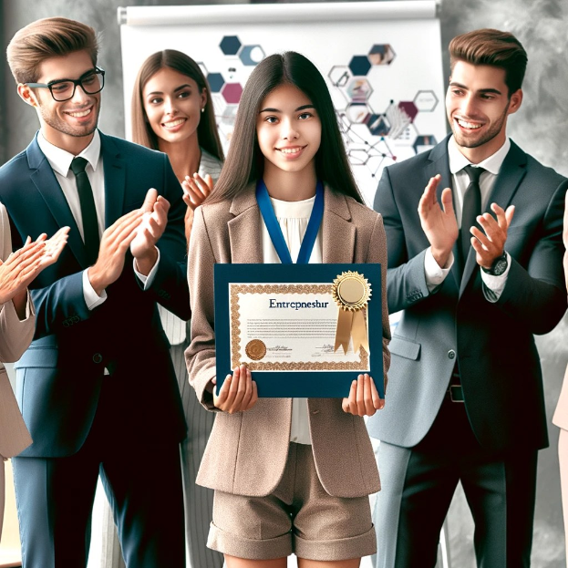 Eine Gruppe von Menschen in einem beruflichen Umfeld klatscht und feiert, während eine Frau in der Mitte ein Zertifikat hält und eine Medaille trägt, die unternehmerischen Erfolg anzeigt.