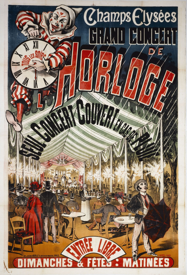 Plakat für ein großes Horloge-Konzert auf den Champs-Élysées mit einer Gruppe von Menschen und einer Person mit einem Schirm in der Mitte und einer Uhr im Hintergrund.