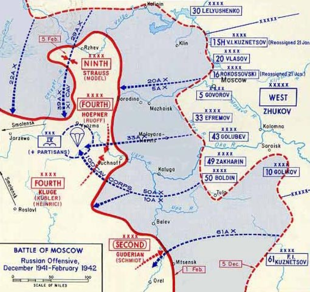 Plakat, das eine Karte der Moskauer Region mit Texten über die Schlachten des deutsch-sowjetischen Konflikts von Dezember 1941 bis Februar 1942 zeigt.