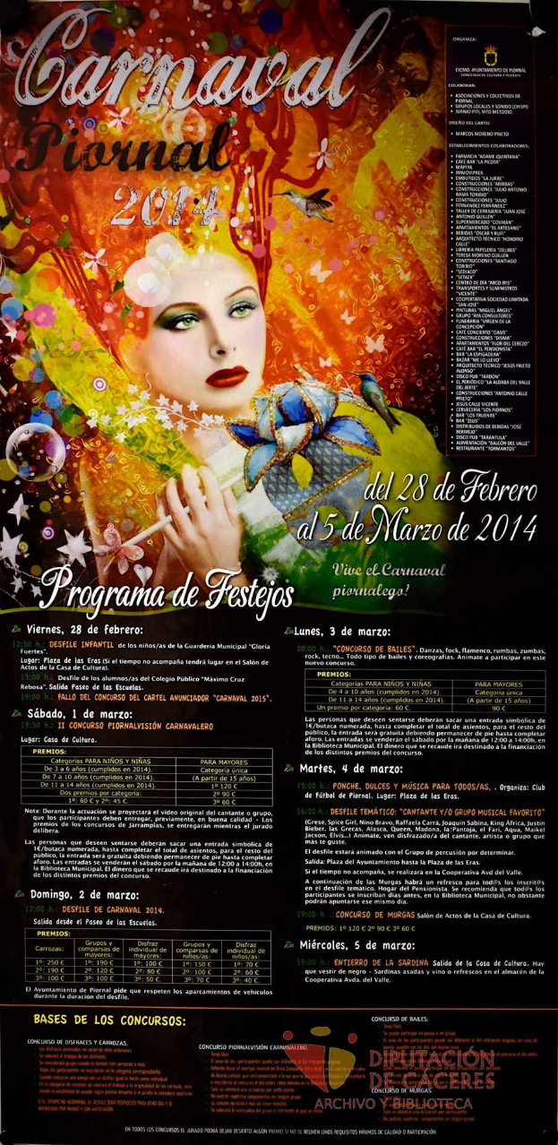 Eine Frau in einem bunten Kleid, die fröhlich in die Mitte eines leuchtend gelben Plakats schaut, umgeben von schwarzem Text in Fettschrift, der 'Carnaval Festival 2014' lautet.