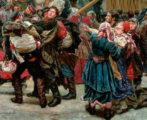 Gemälde, das eine lebhafte Szene von Menschen zeigt, die in traditioneller russischer Kleidung während der russischen Revolution tanzen und einige Gegenstände halten, vor einem Holzhaus und einer Menge.