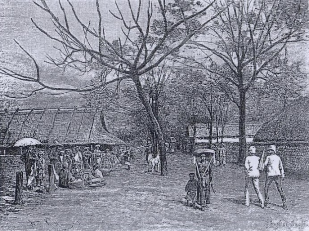 Alte Buchumschlaggestaltung mit gedämpfter, friedlicher Illustration von Menschen in traditioneller Kleidung in einer ländlichen Umgebung.