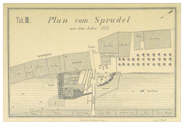 Ein Plakat mit einem detaillierten Stadtplan von Spruidel, Deutschland, mit begleitendem Text.