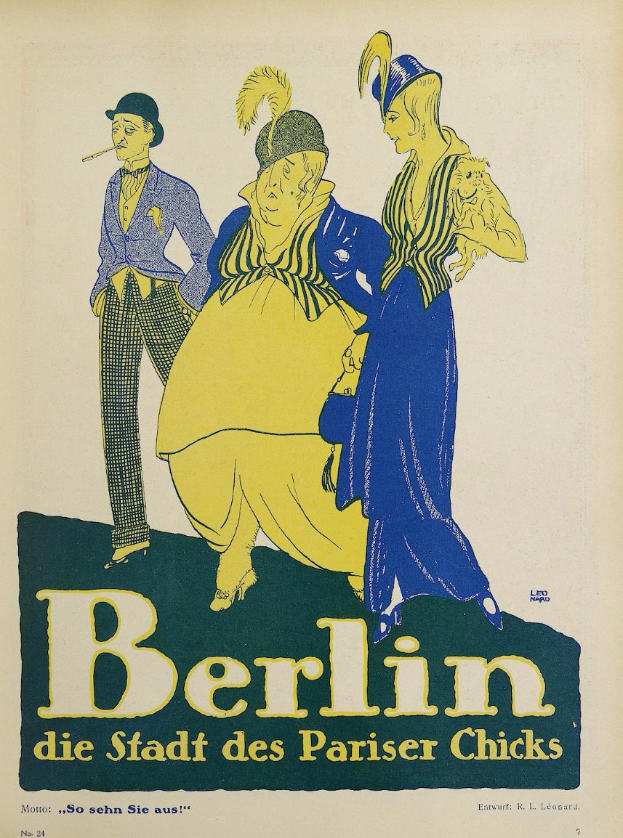 Plakat für ein Konzert in Berlin, Deutschland, das eine Gruppe farbig gekleideter Menschen vor einem Gebäude zeigt, mit der Aufschrift "Berlin - Die Stadt des Pariser Chicks" oben.